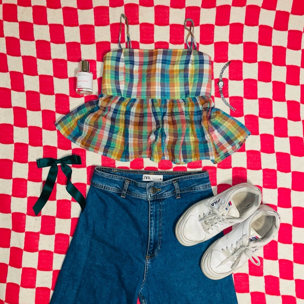 Lucky Brand Rainbow Multicolor Plaid Retro Indie Boho Preppy Ruffle Crop Top